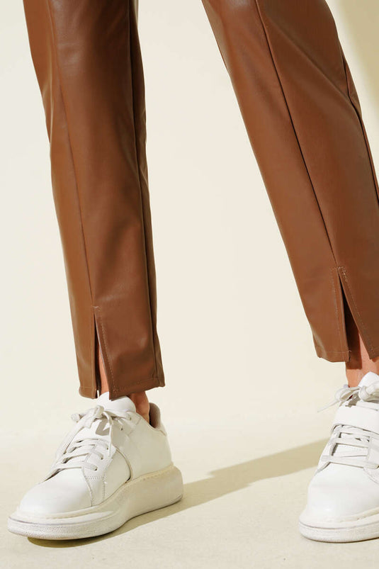 Leather Trousers with Slit Hem, Brown
