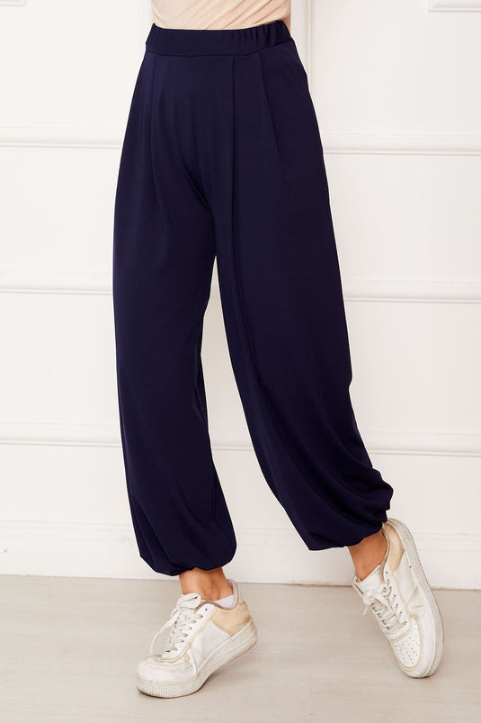 بنطلون شالوار مريح بقصّة واسعة وأرجل مرنة، أزرق داكن