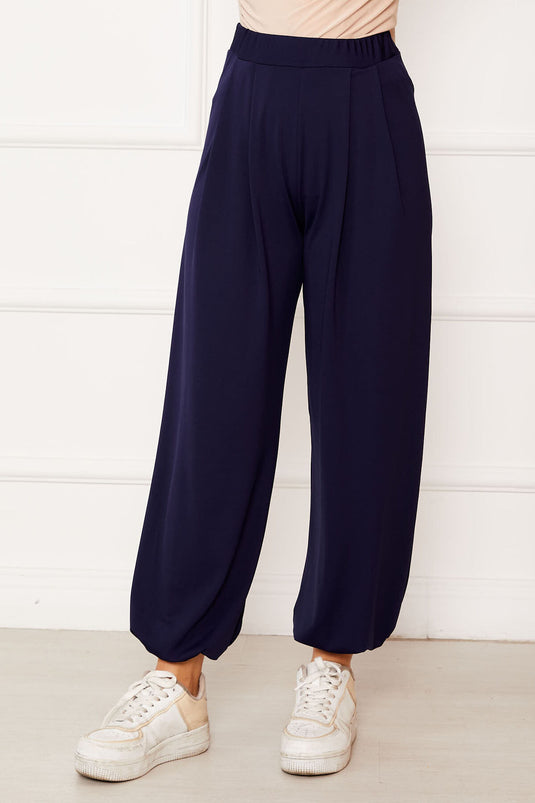 بنطلون شالوار مريح بقصّة واسعة وأرجل مرنة، أزرق داكن