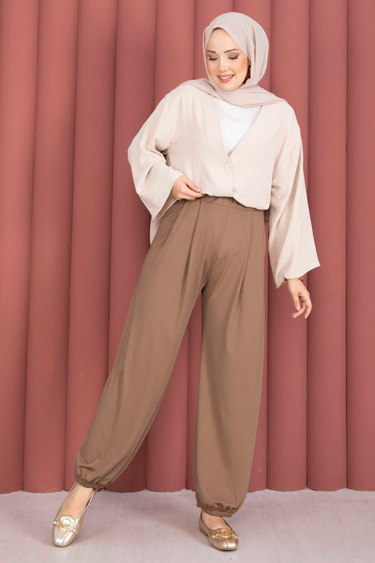Paçası Lastikli Rahat Kalıp Şalvar Pantolon Camel