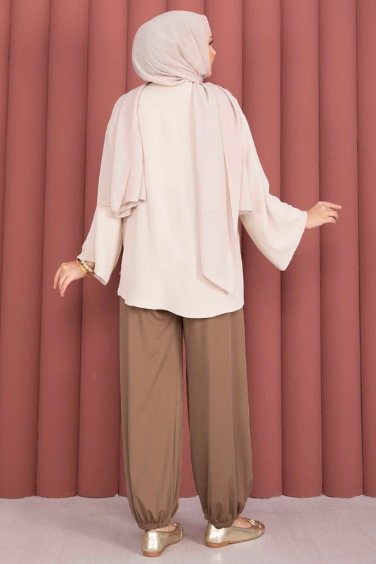 Paçası Lastikli Rahat Kalıp Şalvar Pantolon Camel