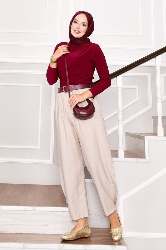 بنطلون شالوار مطوي وجيوب باللون البيج