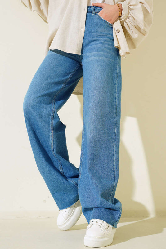 Paçası Püsküllü Palazzo Kot Pantolon Açık Mavi