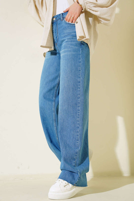 Paçası Püsküllü Palazzo Kot Pantolon Açık Mavi