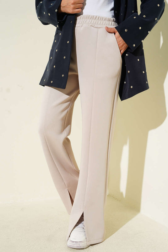 Beige Scuba-Hose Mit Schlitzsaum