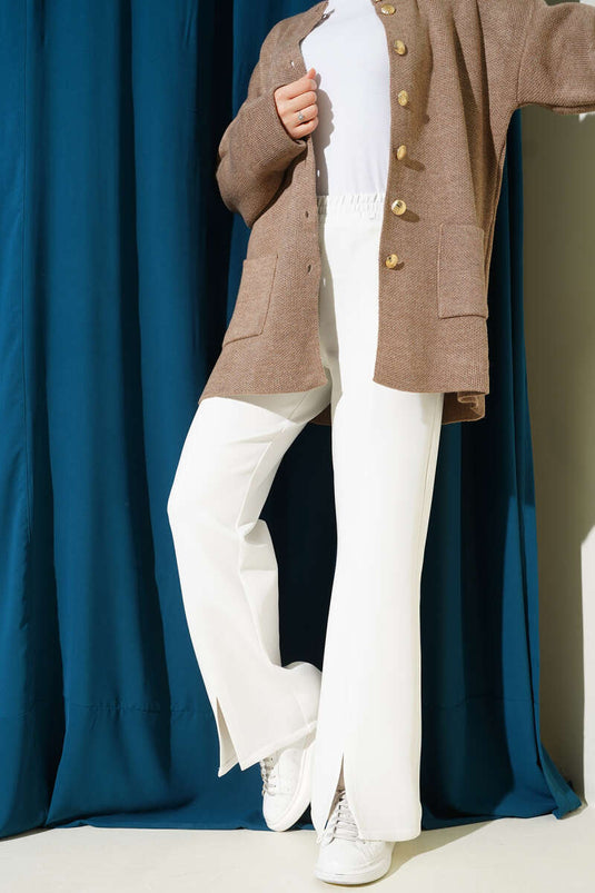 Paçası Yırtmaçlı Scuba Pantolon Beyaz