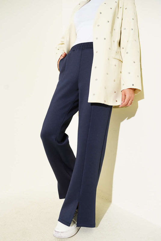 Pantaloni Scuba Con Orlo A Spacco Blu Navy
