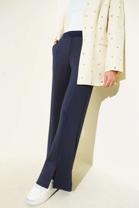 Paçası Yırtmaçlı Scuba Pantolon Lacivert