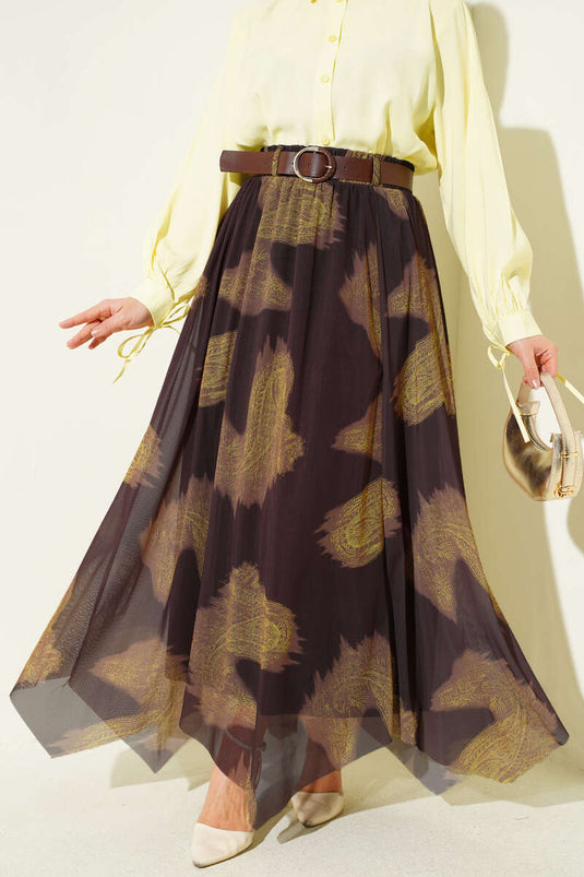 Paisley Pattern Asymmetric Tulle Skirt Brown