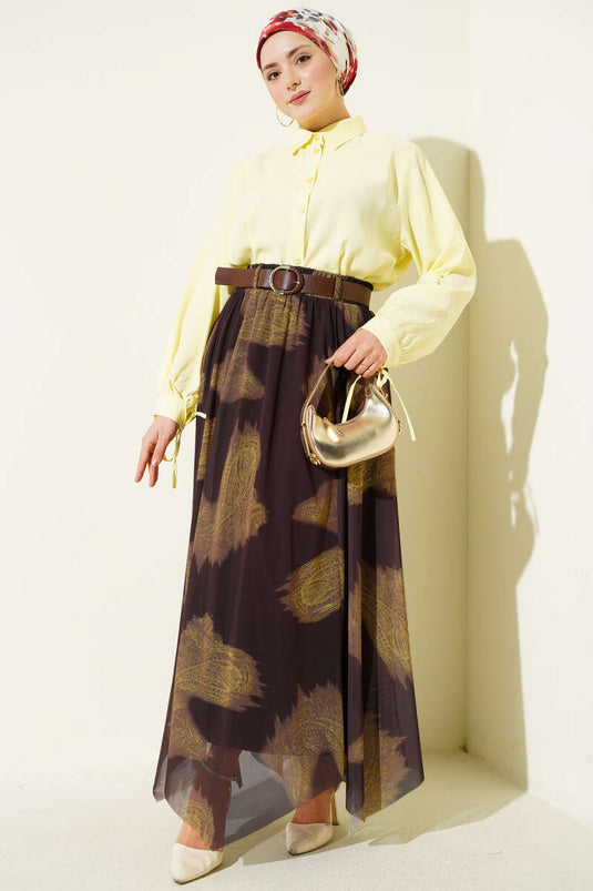 Paisley Pattern Asymmetric Tulle Skirt Brown