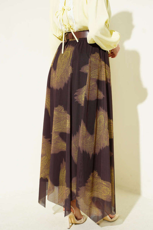 Paisley Pattern Asymmetric Tulle Skirt Brown