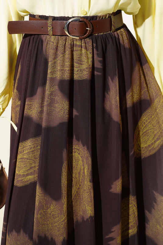 Paisley Pattern Asymmetric Tulle Skirt Brown