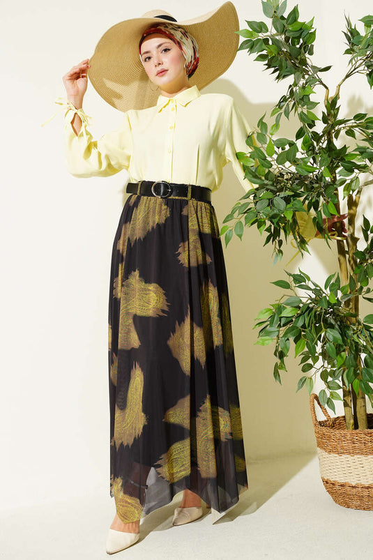 Falda de tul asimétrica con diseño paisley negra