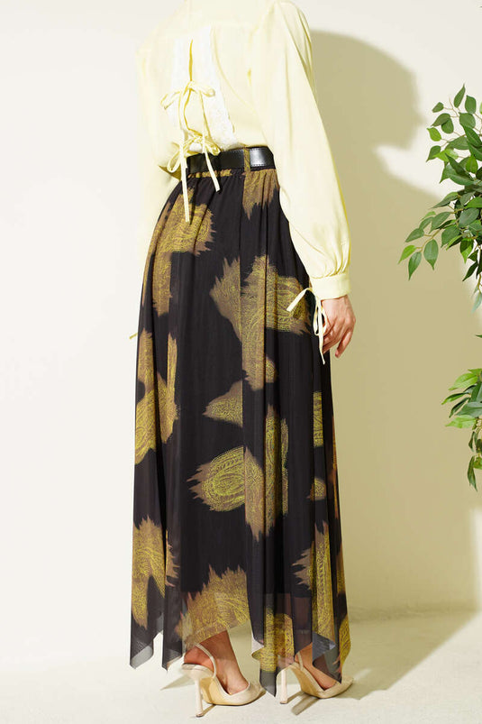 Falda de tul asimétrica con diseño paisley negra