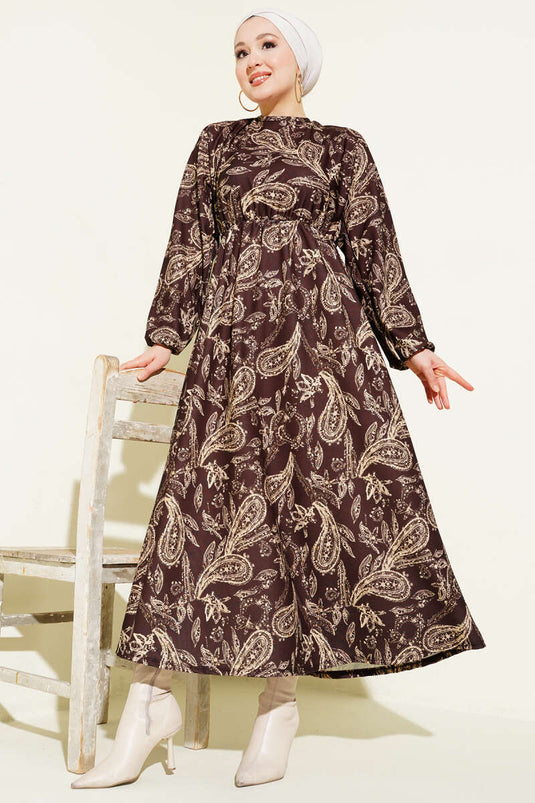 فستان بخصر مطاطي بنقشة بيزلي بني