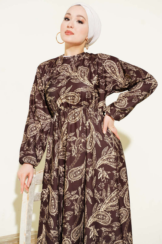 فستان بخصر مطاطي بنقشة بيزلي بني