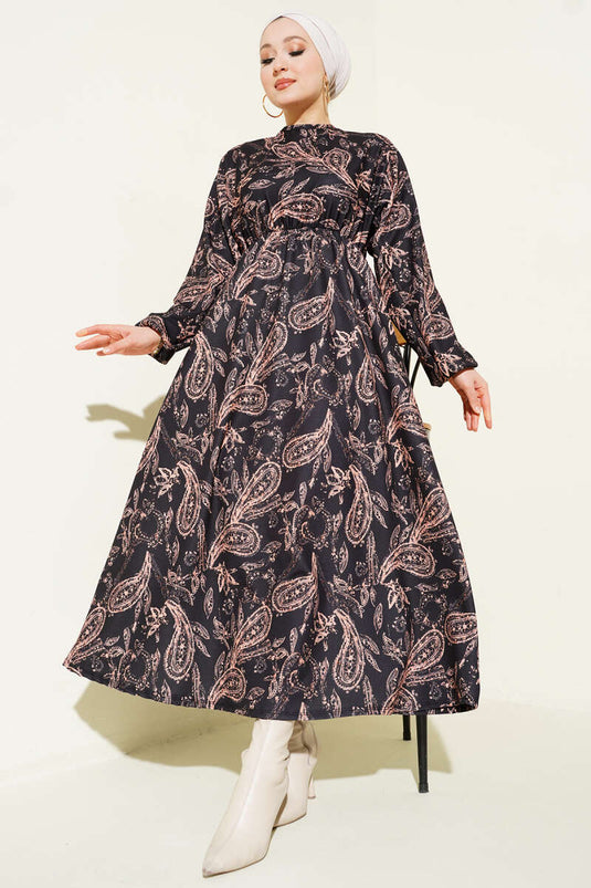 Robe à taille élastique à motif cachemire noire