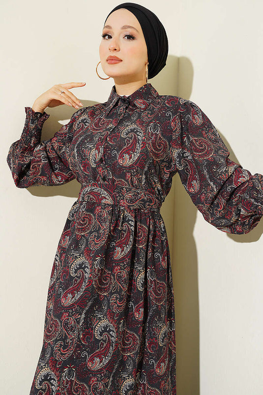 Paisley Desen Bilek Gipeli Elbise Siyah
