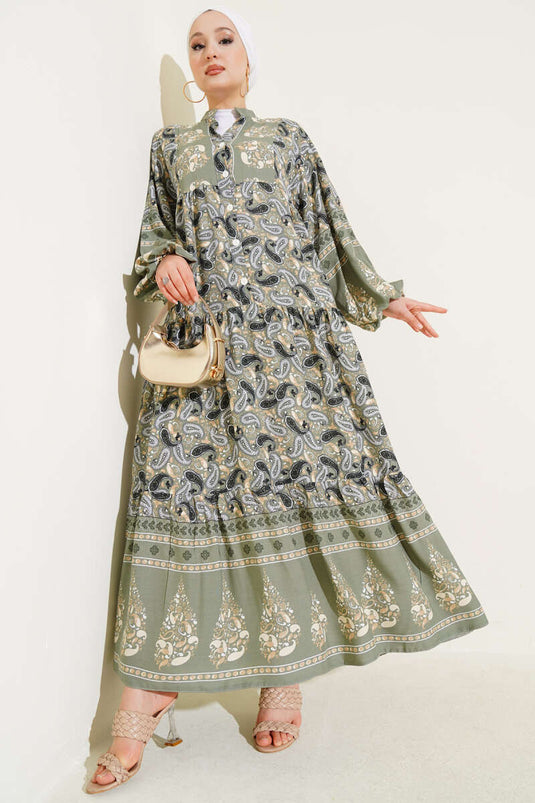 Robe boutonnée à motif cachemire vert amande