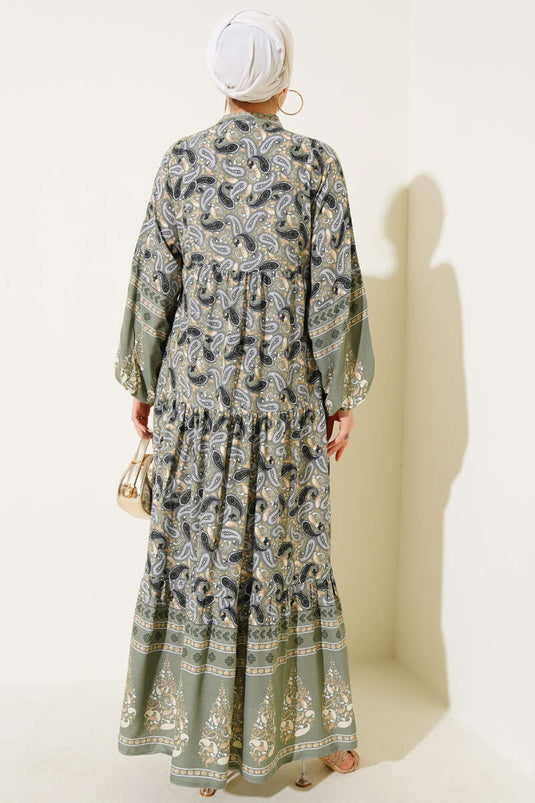 Robe boutonnée à motif cachemire vert amande