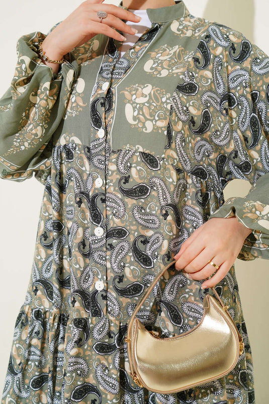 Robe boutonnée à motif cachemire vert amande