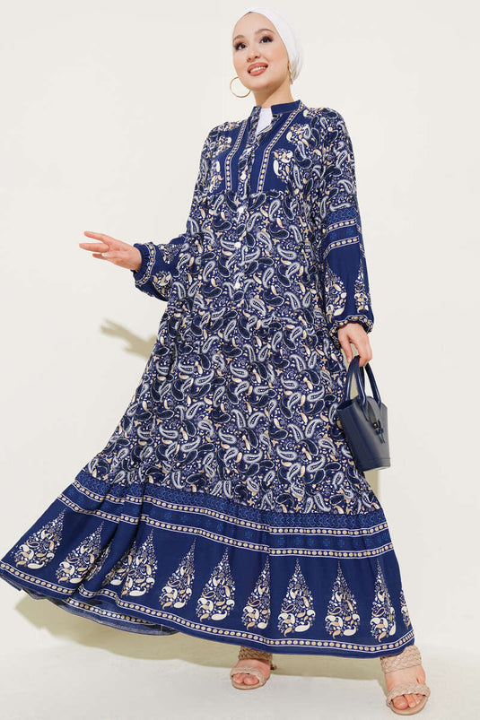 Kleid mit Knöpfen und Paisley-Muster, Marineblau