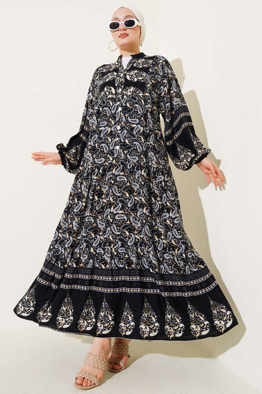 Paisley Desen Düğmeli Elbise Siyah