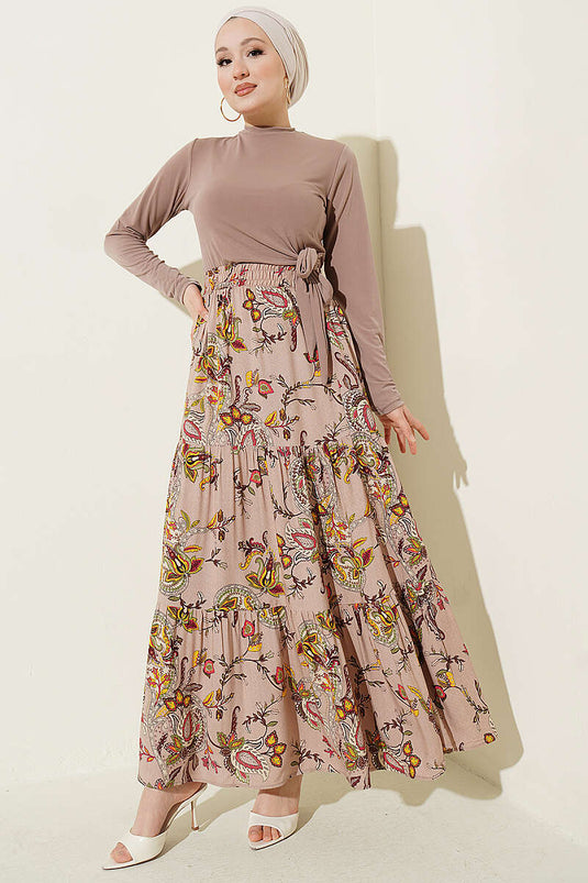 Jupe en viscose à volants motif cachemire beige