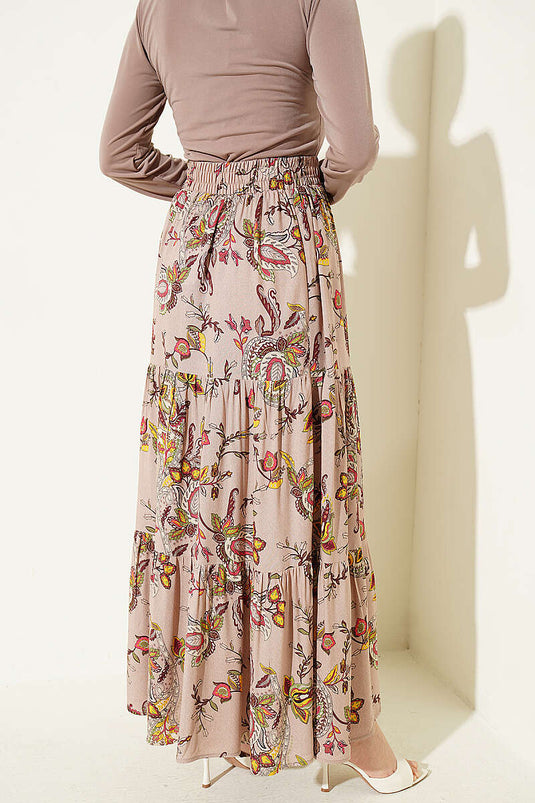 Jupe en viscose à volants motif cachemire beige