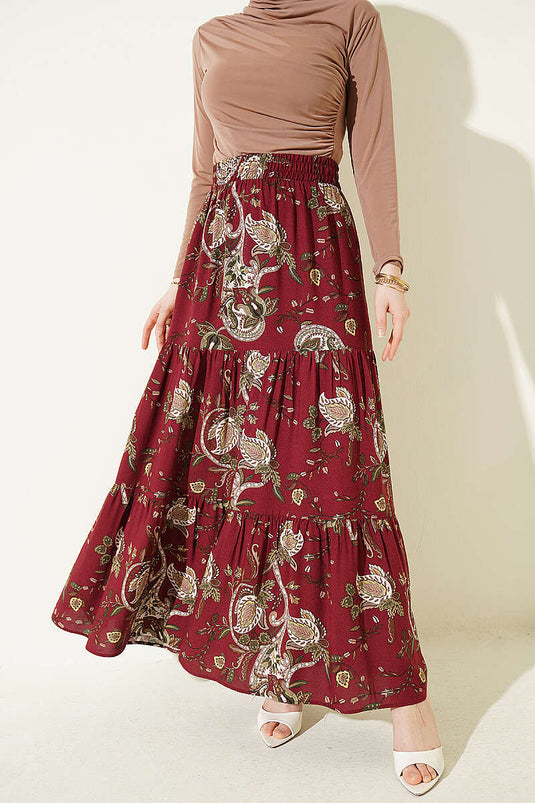 Jupe en viscose à volants motif cachemire bordeaux