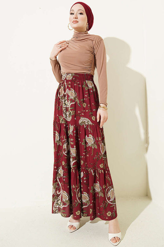 Jupe en viscose à volants motif cachemire bordeaux