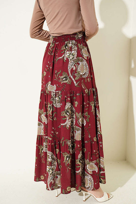 Jupe en viscose à volants motif cachemire bordeaux
