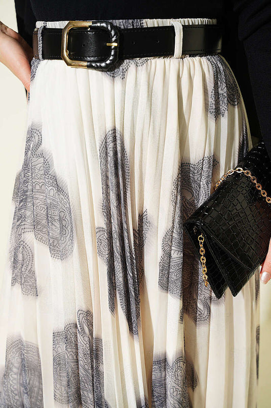 Paisley Desen Pileli Şifon Etek Siyah
