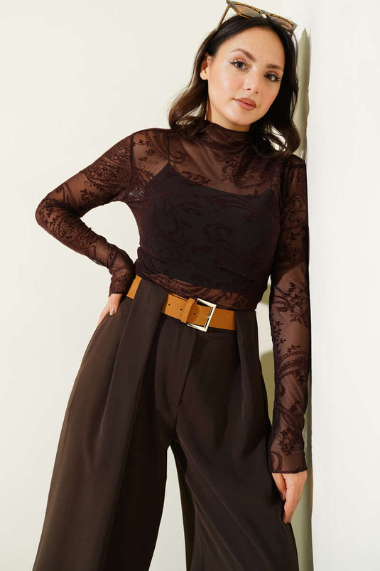 Paisley Patterned Gauze Blouse Dark Brown