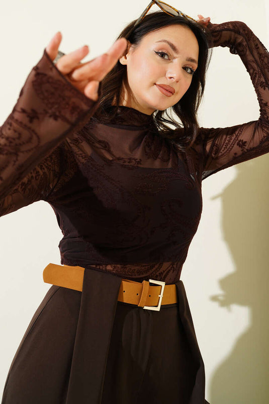 Paisley Patterned Gauze Blouse Dark Brown