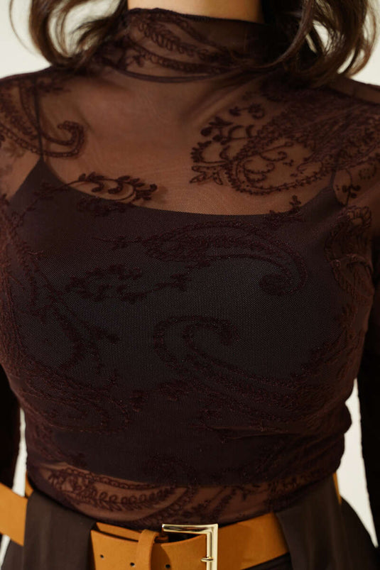 Paisley Patterned Gauze Blouse Dark Brown