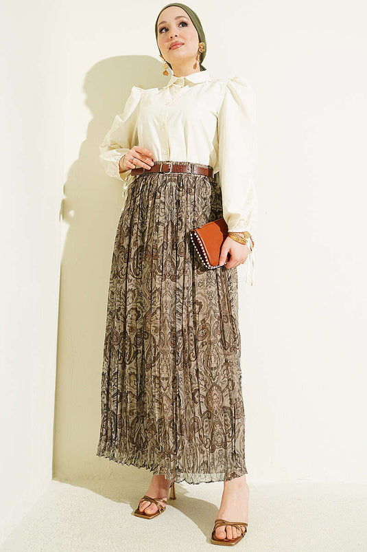 Gonna in tulle beige con cintura e motivo paisley
