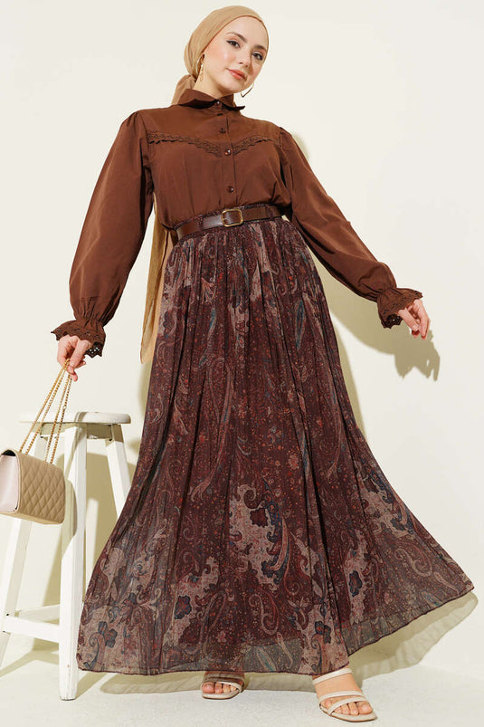 Paisley Desenli Kemerli Tül Etek Kahve