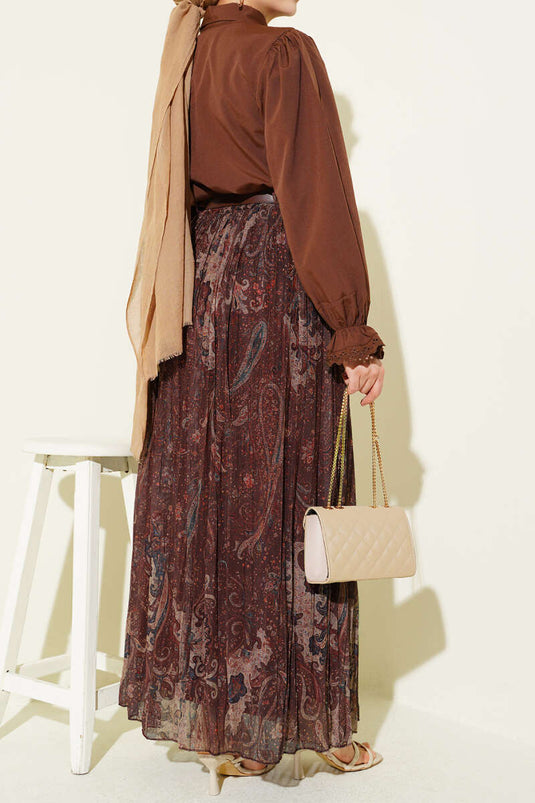 Paisley Desenli Kemerli Tül Etek Kahve