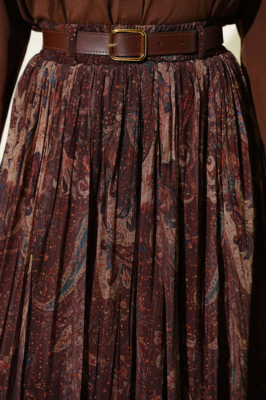 Jupe en tulle à motif cachemire avec ceinture, couleur café