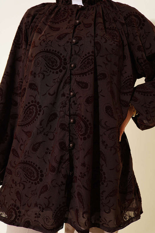 Paisley Desenli Tül Gömlek Kahve
