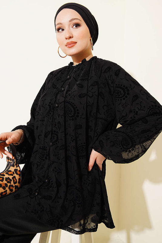 Camicia in tulle con motivo paisley nero