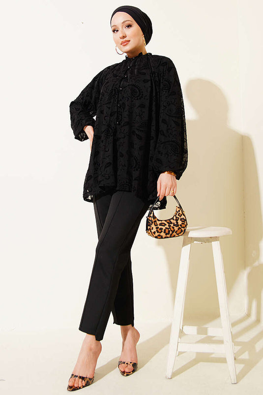 Camicia in tulle con motivo paisley nero