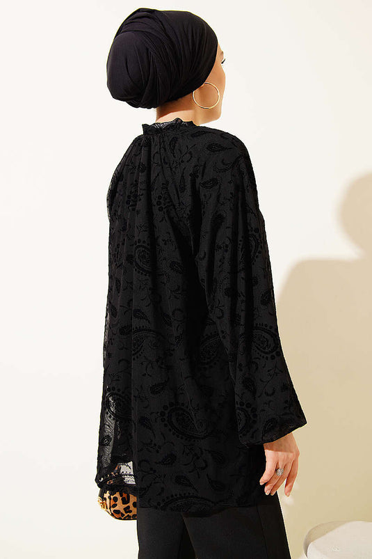 Camicia in tulle con motivo paisley nero