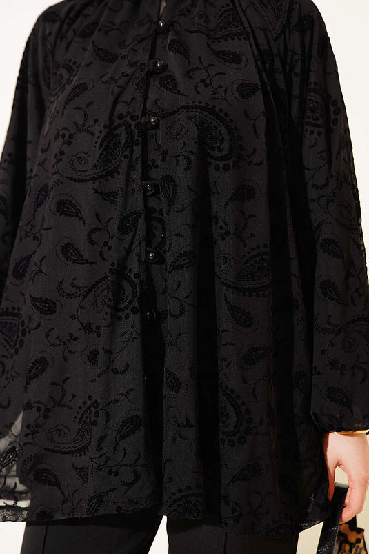 Camicia in tulle con motivo paisley nero