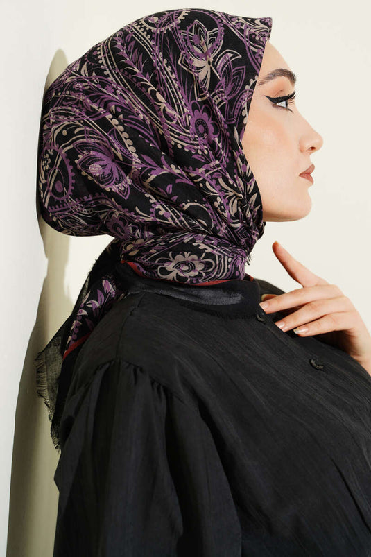 Paisley Flamu Cotton Scarf Black Lilac