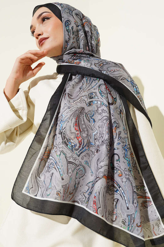 Paisley İşlemeli Soft Şal Füme