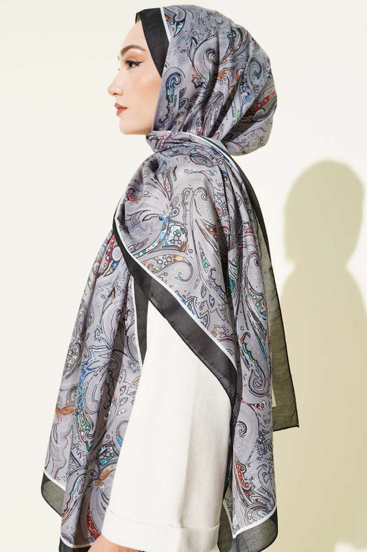 Paisley İşlemeli Soft Şal Füme