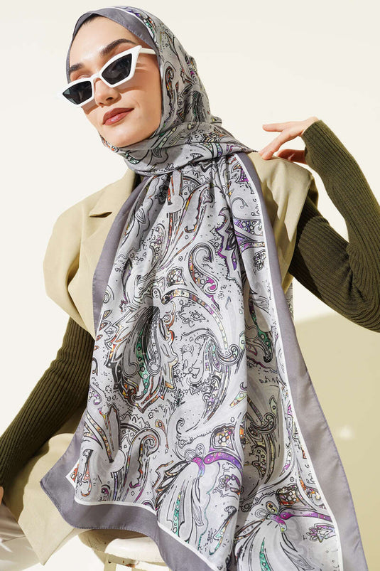 Paisley İşlemeli Soft Şal Gri