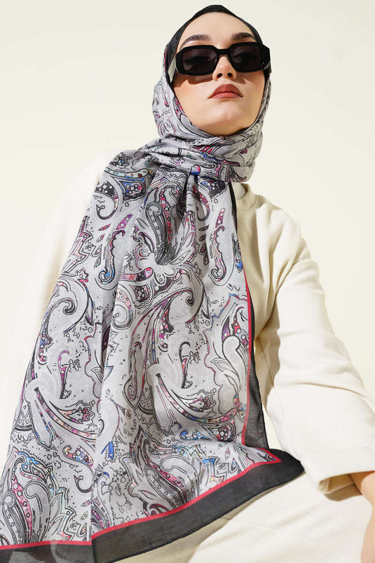 Paisley İşlemeli Soft Şal Siyah Gri